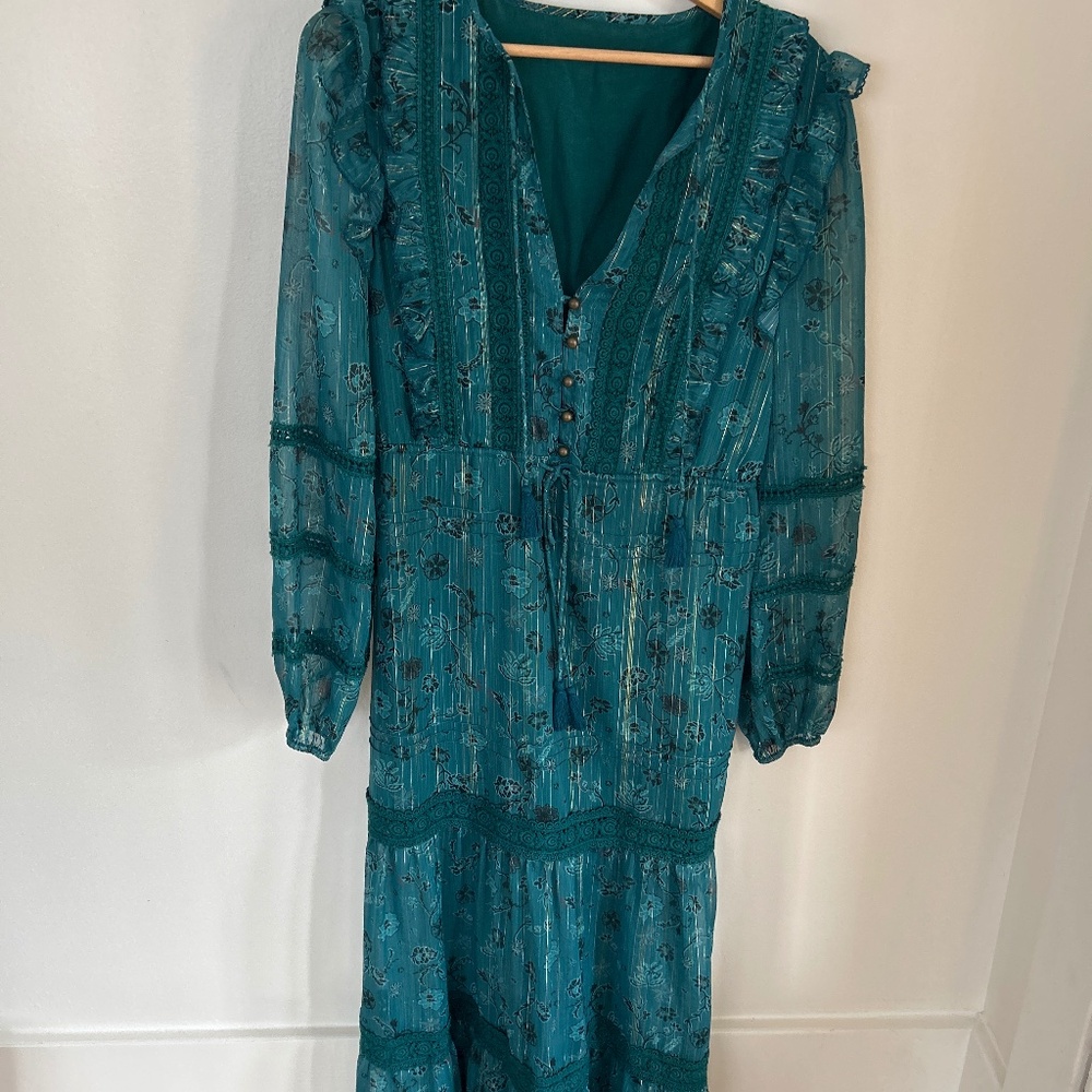 Cleobella Lace Detail Metallic Teal Midi Dress